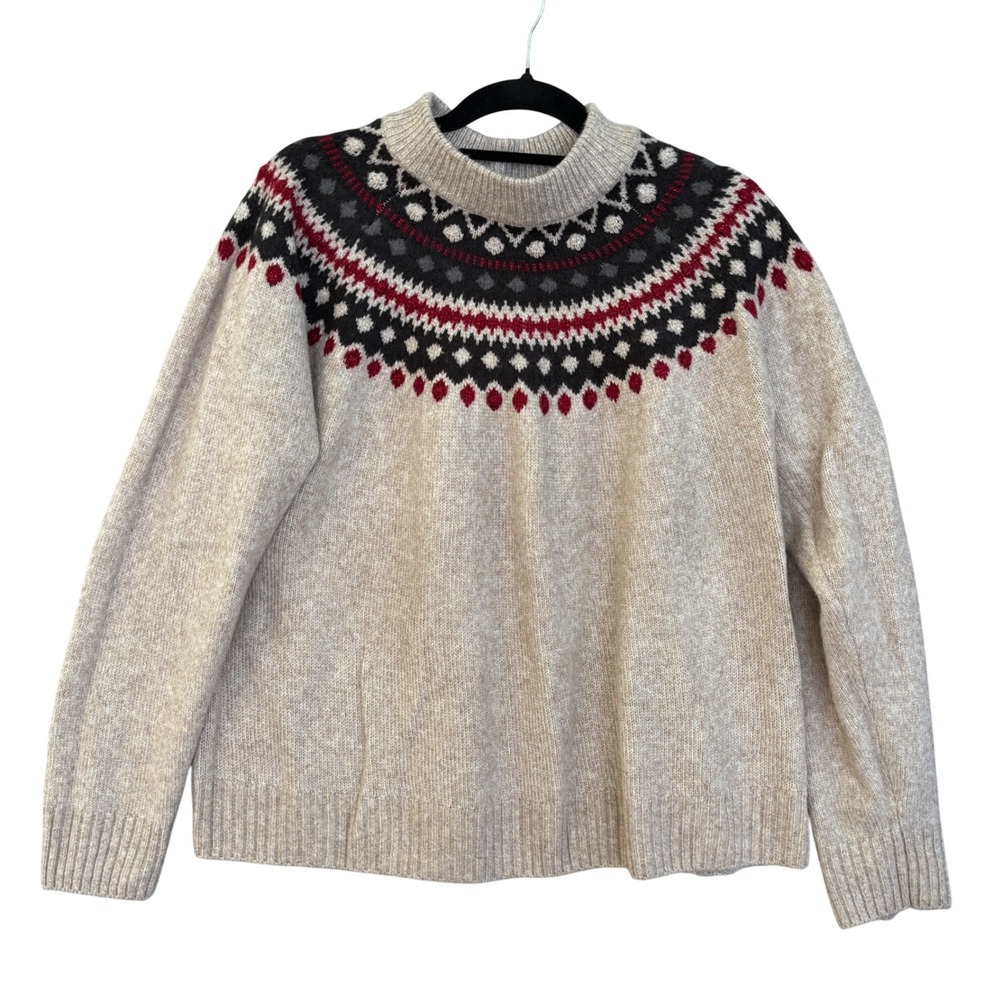 H&M LOGG Womens XXL Fair Isle Knit Sweater Oatmeal Red Black Wool Blend